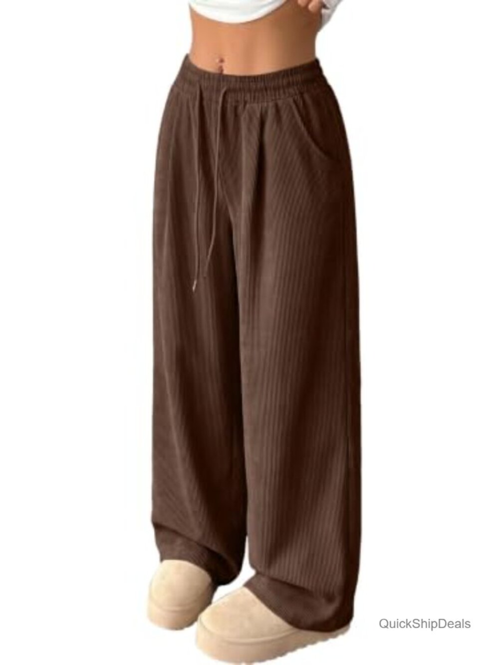 Corduroy High Waisted Wide Leg Pants Elastic Drawstring Casual